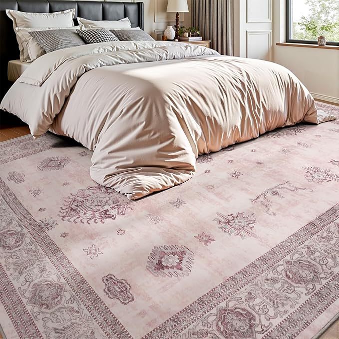 AMOAMI-Vintage Area Rug 8X10 Pink Rugs for Living Room-Soft Living Room Rug Non Slip Rugs for Bedroom Carpet Machine Washable Rug for Dining Room Bedside Office Room Decor-Ruum Studio Home