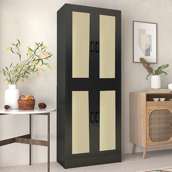 Black Rattan Kitchen Pantry, 71" Tall Storage Cabinet with Doors, Boho Hutch for Dining Room-Ruum Studio Home