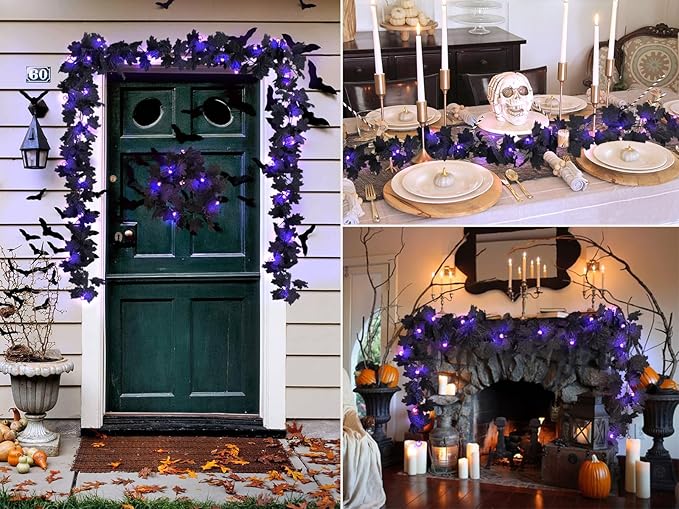 RECUTMS Halloween Maple Leaf Garland with Purple Lights - Black Artificial Leaves Decor for Home Mantle, Stairs, Indoor/Outdoor - 2 Pack-Ruum Studio Home