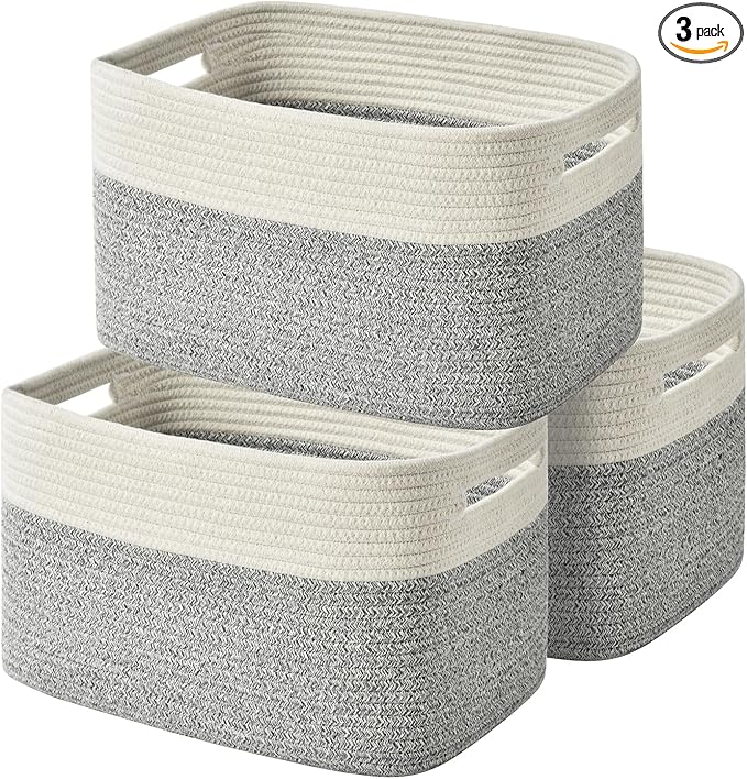 Woven Storage Baskets - Cotton Rope Organizers for Books, Towels, Toys or Bins - 3 Pack, Grey-Ruum Studio Home