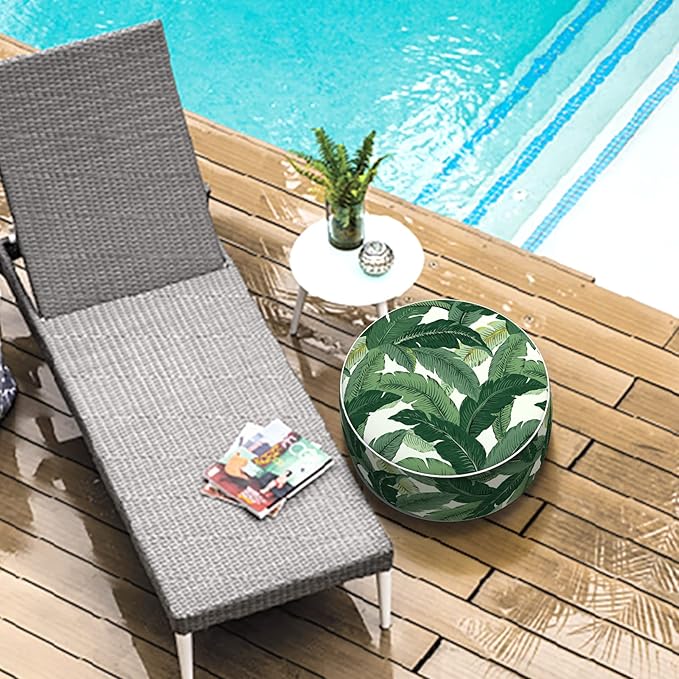 LVTXIII Outdoor/Indoor Round Inflatable Ottoman, All Weather Patio Footstool, Portable Footrest Seat for Patio Garden, Camping or Home, 21"x21"x9", Swaying Palms Green-Ruum Studio Home