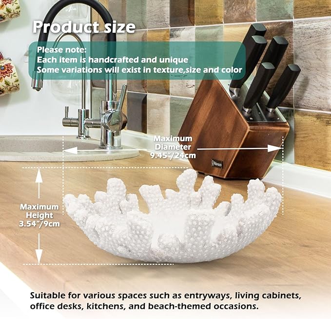 Accessoryway White Coral Textured Decorative Bowl,9.45" Medium Resin Decorative Centerpiece Bowl for Coastal Beach theme house table centerpiece decorations & Nautical decorations for coffee table-Ruum Studio Home