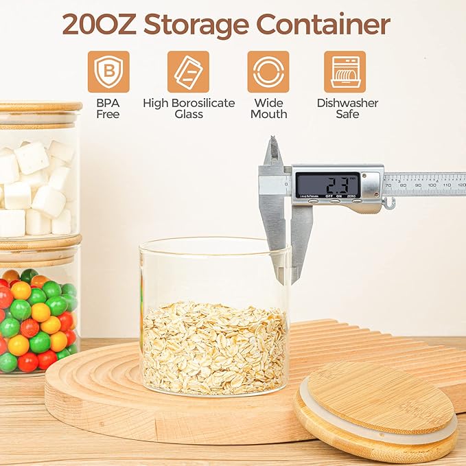 ComSaf Airtight Glass Food Storage Jars Set of 6, 0.6 Qt Clear Glass Food Storage Container with Sealing Wooden Lid, Stackable Spice Jar, Round Kitchen Canister for Sugar, Tea, Coffee bean, Pasta, Oat-Ruum Studio Home