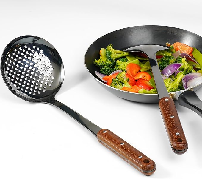 FJNATINH Stainless Steel Wok Spatula,Ladle,Skimmer Ladle Tool Set,Mirror Polished Cooking Utensils with Wooden Handle,Easy to Clean Wok Accessories,Black 3 PCS-Ruum Studio Home