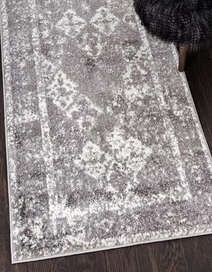 Unique Loom Rosso Collection Vintage, Traditional, Bohemian, Geometric, Distressed, Southwestern Area Rug, 2' 0" x 6' 0", Gray/Ivory-Ruum Studio Home