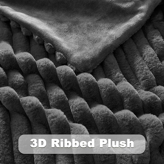 NEWCOSPLAY Faux Fur Throw Blanket Grey 3D Ribbed Plush Thick Warm Blanket for Couch Sofa Bed 850GSM (Grey Ribbed, Throw(50"x60"))-Ruum Studio Home