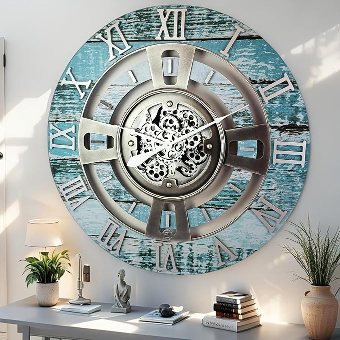 The Gears Clock Real Moving Gear Wall Clock England Line (Aqua Green, 24 inches (60 cm))-Ruum Studio Home