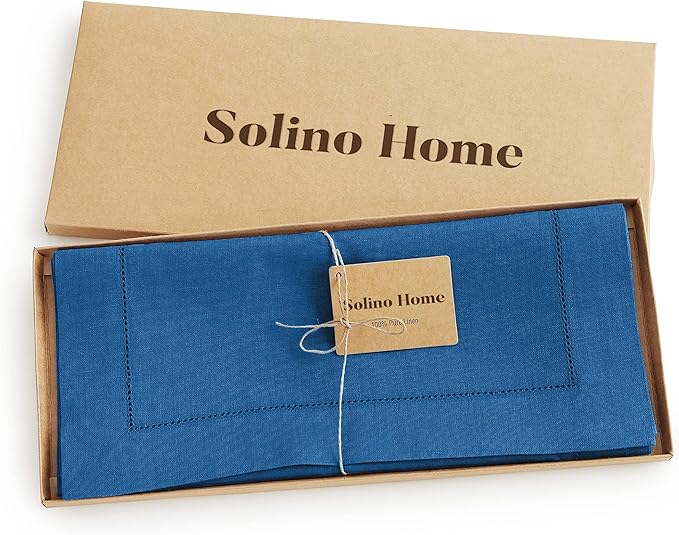 Solino Home Linen Indigo Blue Table Runner 72 Inches Long - 100% Pure Linen Hemstitch Table Runner 14 x 72 Inch for Dresser, Dining, Fall, Autumn, Halloween - Classic Hemstitch-Ruum Studio Home
