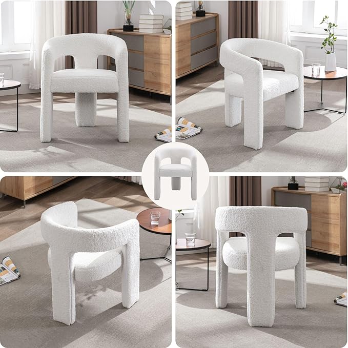 White Boucle Dining Chairs Set of 2, Modern Barrel Dining Room Chairs Upholstered Faux Fur Accent Chair with Arms and Round Back for Living Room Kitchen Armchair No Assembly Needed-Ruum Studio Home