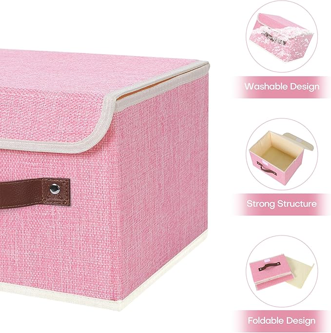 ANMINY 4PCS Storage Bins with Lid PU Leather Handles Storage Boxes PP Plastic Board Decorative Foldable Lidded Cotton Linen Fabric Home Cubes Baskets Closet Organizer Containers - Pink, Small Size-Ruum Studio Home