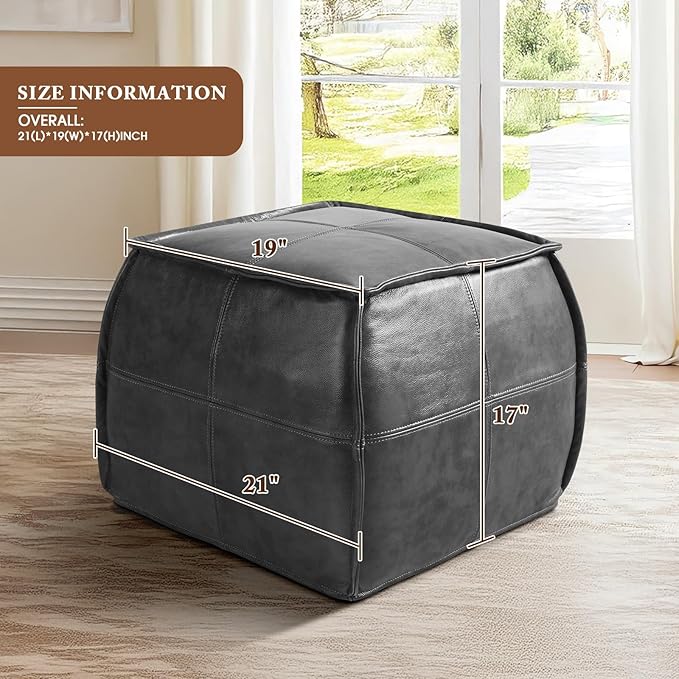 Leather Ottoman,Handmade Stuffed Square Ottoman,Genuine Leather Pouf, Foot Rest Pouf,Comfortable Soft Seating for Living Room & Bedroom (Grey, Square)-Ruum Studio Home