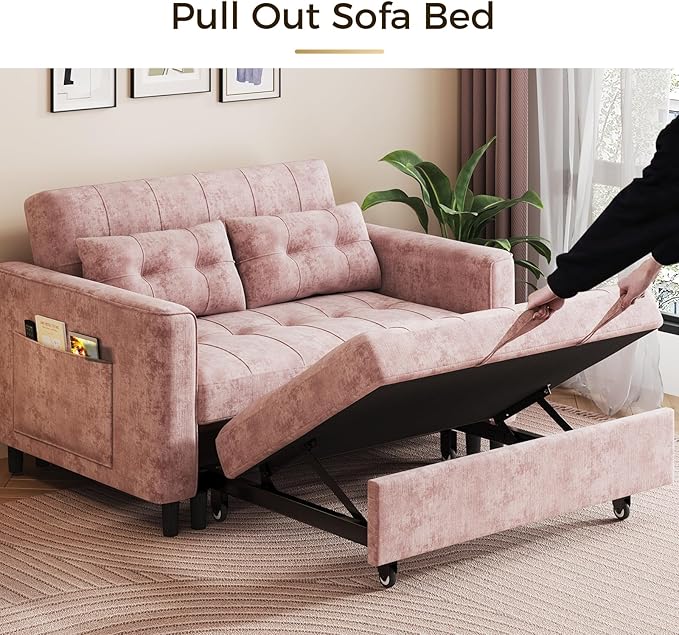 3 in 1 Convertible Sleeper Sofa Bed, Pull Out Couch Bed with Adjustable Backrest, Chenille Loveseat Couches with Side Pocket for Living Room, Bedroom (Pink)-Ruum Studio Home