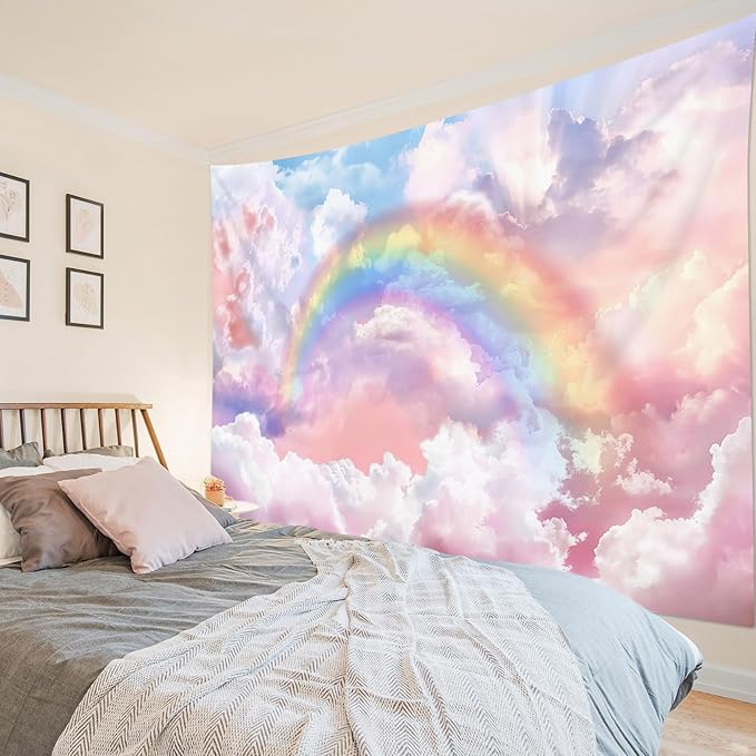HVEST Rainbow Cloud Tapestry, Polyester Wall Art, Rainbow and Pink Cloud with Glow Sunshine in Pastel Sky, Aesthetic Nature Landscape, Bedroom Living Room Decor, 60x40 Inches-Ruum Studio Home