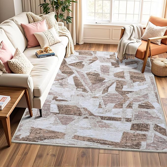 Modern Abstract 5X7 Area Rug for Living Room Bedroom Washable, with Non-Slip Rubber Backing Print Faux Wool Thin, Brown Throw Large Carpet for Kids Playroom Dining Room Pet & Child Friendly-Ruum Studio Home