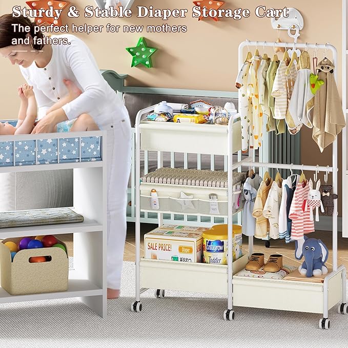 2in1 Baby Diaper Caddy & Clothes Organizer and Storage Rolling Cart, Large Capacity Nursery Organization For Baby Dresser,Changing Table, Crib, With 2 Dividers & 7 Pockets,White-Ruum Studio Home