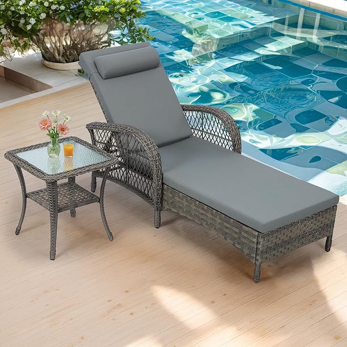 VIVIJASON Outdoor Wicker Chaise Lounge Chair, All-Weather PE Rattan Cushioned Patio Lounger Set with Side Table, 6-Position Adjustable Outside Pool Sunbathing Recliner with Armrest & Pillow, Gray-Ruum Studio Home