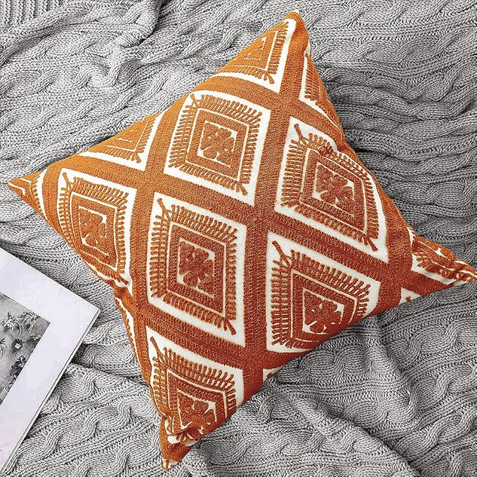 Alysheer Embroidered Decorative Throw Pillow Covers 18x18 inches Set of 2 Pieces, Boho Geometric Modern Chic Classic Pattern Cotton Cushion Cases for Sofa Couch Bed Living Room(Burnt Orange)-Ruum Studio Home