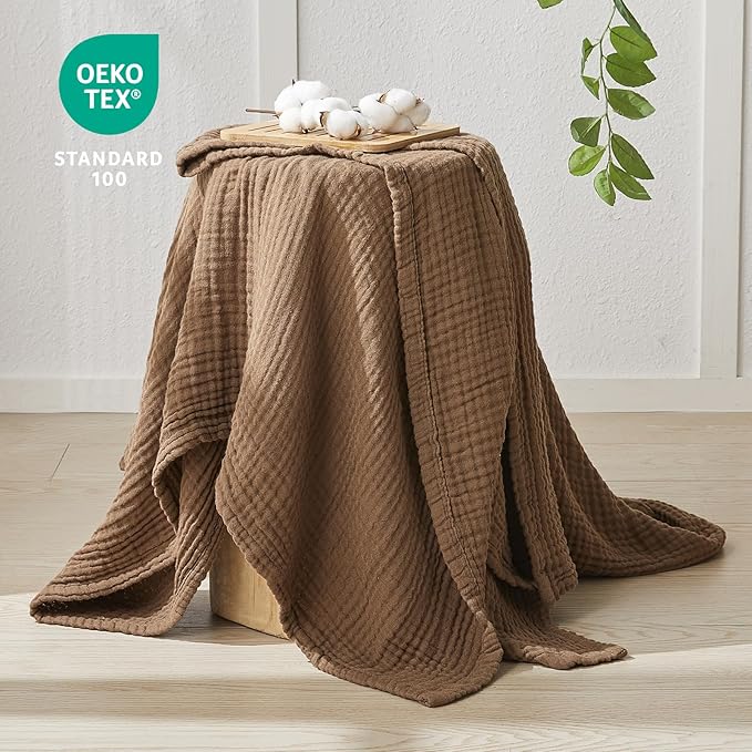 EMME Cotton Muslin Throw Blanket Couch Breathable Gauze Blanket Soft Lightweight Blankets Adults (Brown, 50"x60")-Ruum Studio Home
