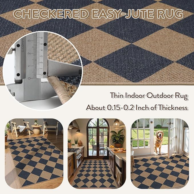 Lahome Checkered Easy Jute Entryway Rug, 3x5 Washable Area Rugs for Living Room Outdoor Patio, Non Slip Blue Indoor Door Mat Checkerboard Throw Carpet for Entry Front Door Guestroom Deck-Ruum Studio Home