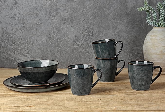 famiware Coffee Mugs Set of 4, Ocean Round 11.5oz Coffee Cup Set with Handle for Cocoa, Milk, Hot Chocolate, Stoneware Cups for Kitchen, Reactive Glaze, Microwave Dishwasher Safe, Deep Forest-Ruum Studio Home