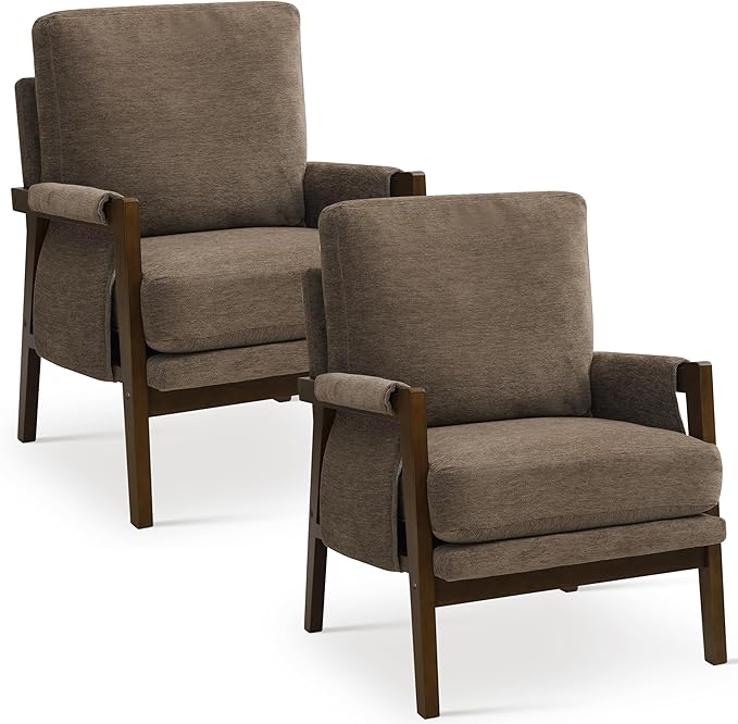 Modern Accent Chairs Set of 2 for Living Room Mid Century Arm Chairs Upholstered Bedroom Chairs Comfy Lounge Chairs with Solid Wood Frame, Dark Brown-Ruum Studio Home