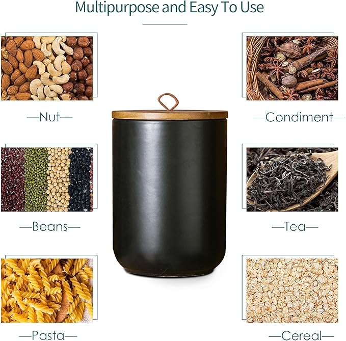 Black Canister Sets for Kitchen, 3pcs Ceramic Canisters with Airtight Wooden Lid, Food Storage Jar, Large Kitchen Storage Containers for Serving Coffee Beans, Tea, Sugar, Salt, Spices-Ruum Studio Home