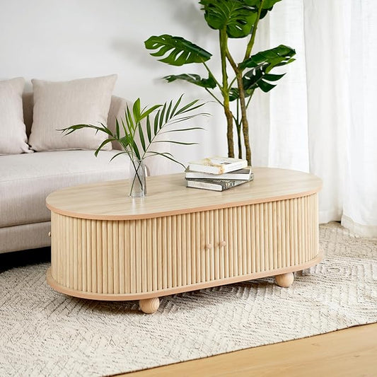 Oval Coffee Table with Storage for Living Room, Retro Charm Wooden Fluted Center Table, 47.24" Modern Classic Accordion Door Coffee Tables Dual Level Storage Side Table for Home,Office-Natural-Ruum Studio Home