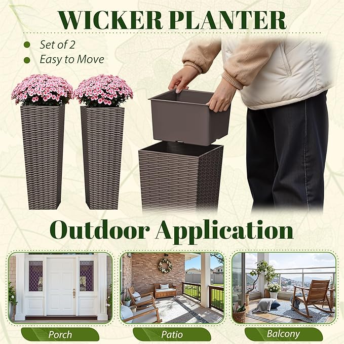 JUMMICO Set of 2 Resin Rattan Tall Planters for Outdoor Plants, Large Tapered Planters with Drainage Holes&Inner Trays, Flower Pots for Garden, Patio, Porch, Backyard (Brown, 24'')-Ruum Studio Home
