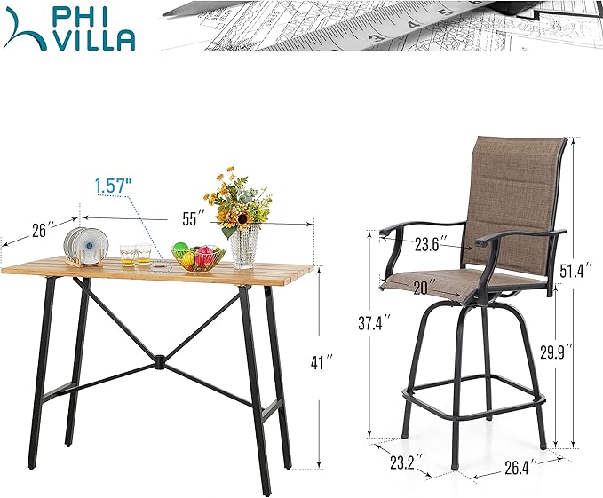 PHI VILLA 5 Piece Outdoor Bar Set, High Top Patio Dining Table and Chairs with 4 Swivel Padded Bar Stools (Brown) & Wood-Like Steel Bar Table for Deck, Garden, Poolside and Porch-Ruum Studio Home