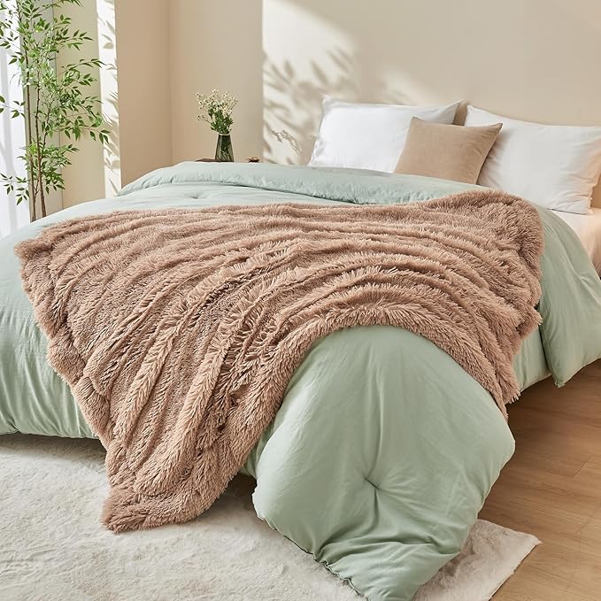 GONAAP Fuzzy Faux Fur Throw Blanket Twin Size Taupe Super Soft Cozy Plush Fuzzy Shaggy Blanket for Couch Sofa Bed (Taupe, Twin(60"x80"))-Ruum Studio Home
