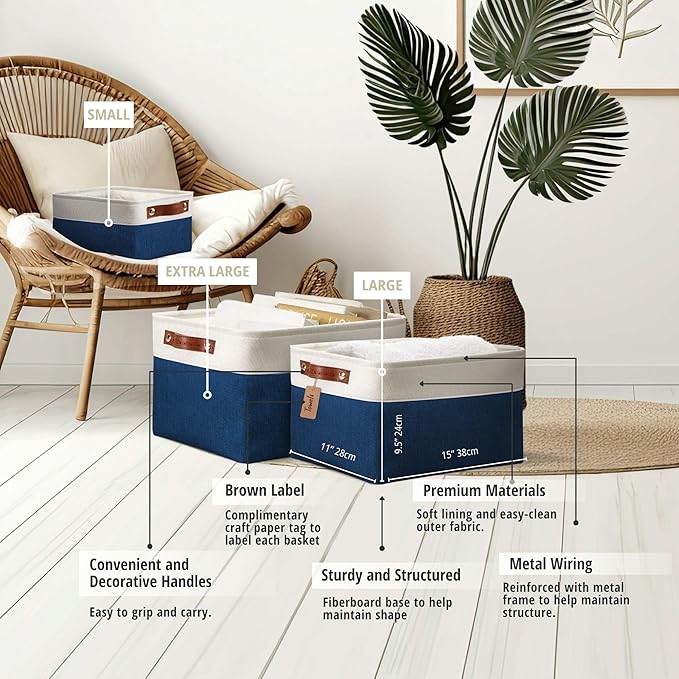 DECOMOMO Storage Bins Fabric Storage Baskets for Shelves, Linen Closet Organization Toys Nursery (Navy Blue and White, Large - 4 Pack)-Ruum Studio Home