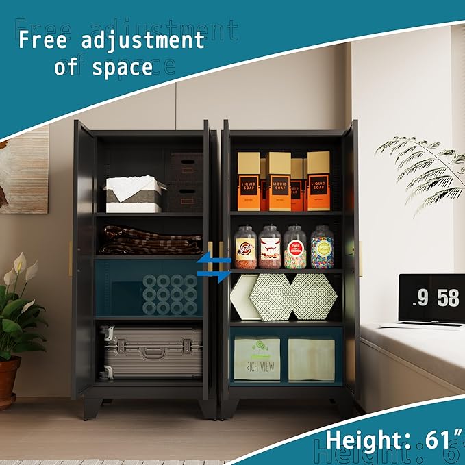 61" Tall Farmhouse Metal Pantry Cabinet, Kitchen Pantry Storage Cabinets with 2 Barn Door and Adjustable Shelves,Metal Pantry Storage Cabinet,for Kitchen,Laundry Room,Home Office,Kids Room (Black)-Ruum Studio Home