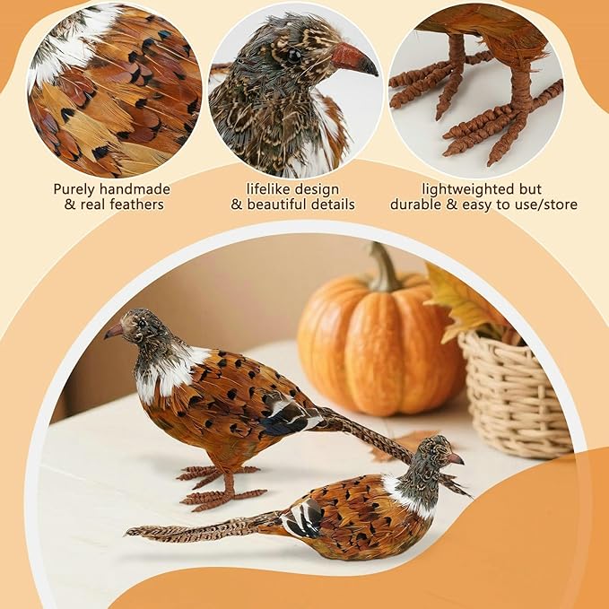 Nature Vibe Feathered Pheasant Decor Set of 2,Simulation Woodland Animals Figurines with Natural Pheasant Feathers as Fall Home Decor or Gifts for Autumn Harvest Festival-Ruum Studio Home