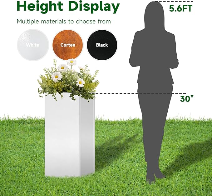 White Steel Metallic Heavy Planter for Outdoor Plants Box 14"x14"x30" Metal Planter Spliced Flower Pots with Partitions for Outside,Indoor,Garden (White, 14 * 14 * 30)-Ruum Studio Home