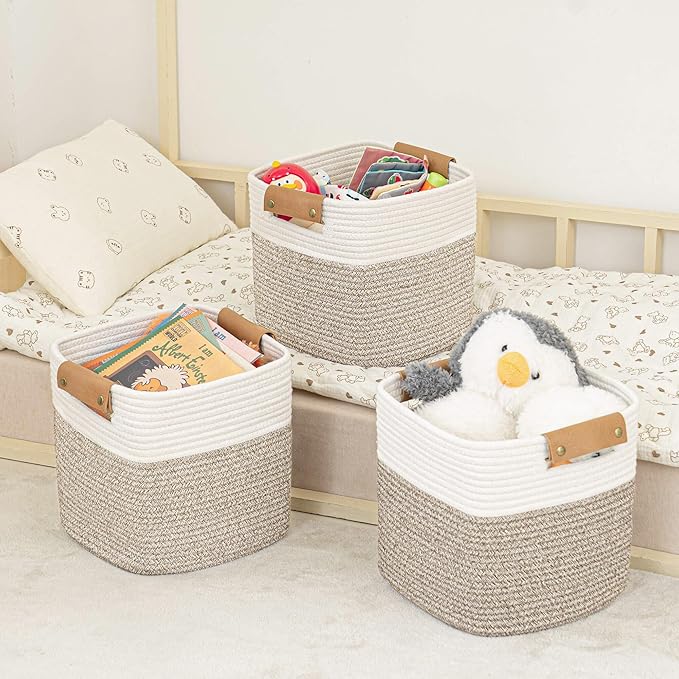 danpinera 11 Inch Storage Baskets, Woven Baskets for Organizing, 3 Pack Storage Cubes for Shelves, Closet, Nursery with Removable Leather Handles, White & Mixed Brown-Ruum Studio Home