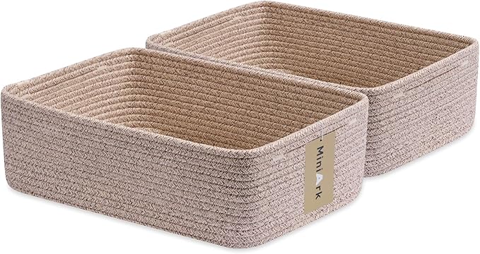Large Shallow Organizing Baskets 15x11x5.1 Inches - Rope Woven Storage Bins for Bathroom, Shelves, Cube Closet, Mixed Brown 2 Packs-Ruum Studio Home