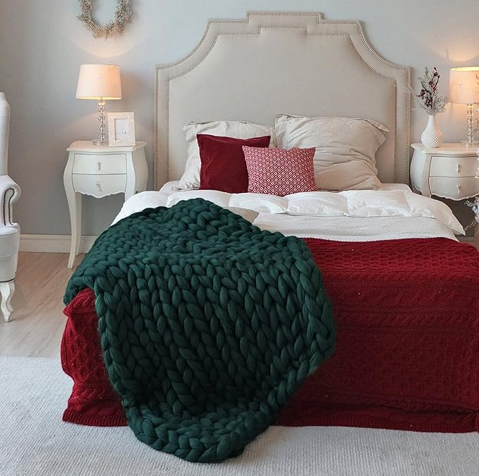 Knitted Throw Blanket for Sofa,Handmade Knit Chunky Blanket Throw Sofa Throw for Gift Sofa Bed,Chunky Knit Blanket(Dark Green 40"x60")-Ruum Studio Home