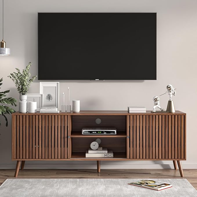Mid Century Modern TV Stand for Televisions up to 70 Inches, with Sliding Doors and Storage, Television Stands, TV Consoles, Media Consoles for Living Room, 63 Inch (Walnut)-Ruum Studio Home