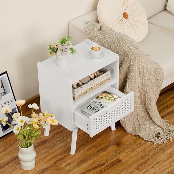 Lerliuo Rattan Nightstand, Side Table with Drawer Open Shelf, Cane Accent Bedside End Table with Solid Wood Legs, Mid Century Modern Night Stand for Bedroom, Dorm and Small Spaces (White)-Ruum Studio Home