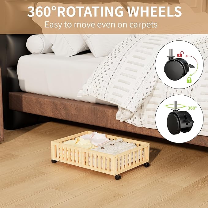 Bamboo Under Bed Storage with Wheels (2-Pack) – Rolling Underbed Shoe Organizer Box for Shoes, Blankets, Toys, Clothes Container Space-Saving Organizer Bins for Bedroom, Closet, Dorm, Nursery-Ruum Studio Home