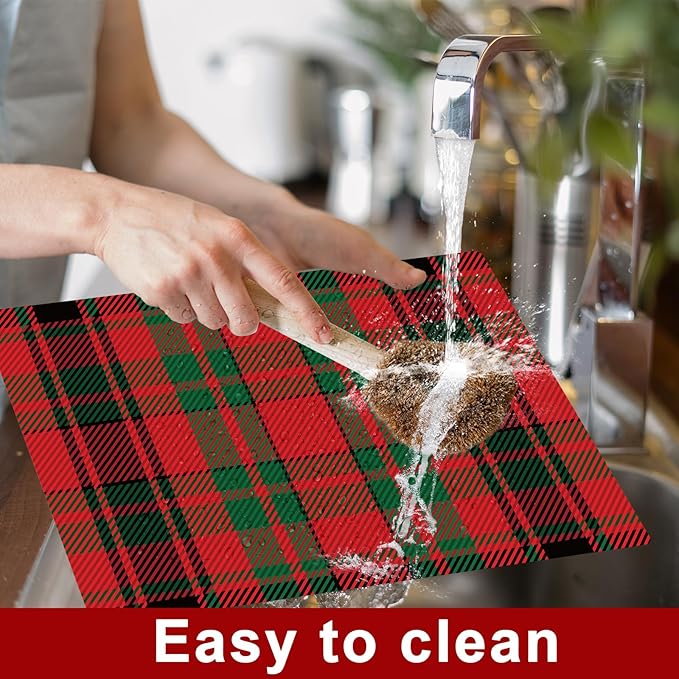 Christmas Placemats Set of 6 Red and Green Plaid Plastic Table Mats Recyclable Place Mats Washable Farmhouse Holiday Table Decoration for Indoor Outdoor Christmas Party Kitchen Dining-Ruum Studio Home