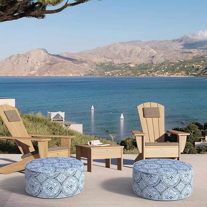 Inflatable Ottoman Stool D21 xH9 for Outdoor/Indoor Use, Water Repellent Patio Foot Rest Stool with Portable Handle,Round Pouf Ottoman Suitable for Garden,Deck and Camping - Medallion Blue-Ruum Studio Home