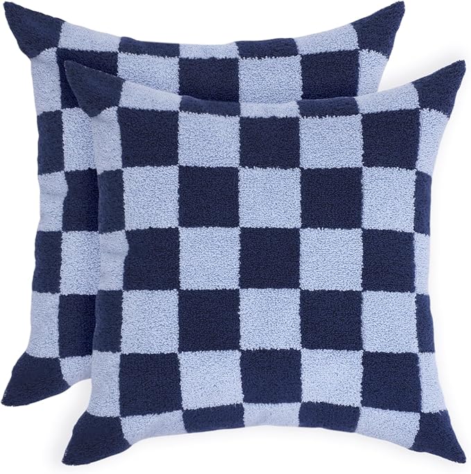 Alysheer Checkered Embroidered Decorative Throw Pillow Covers 18"x 18" Set of 2, Classic Chic Navy Blue Plaid Tufted Patterned Cotton Canvas Cushion Case for Sofa Couch Bed Living Room-Ruum Studio Home