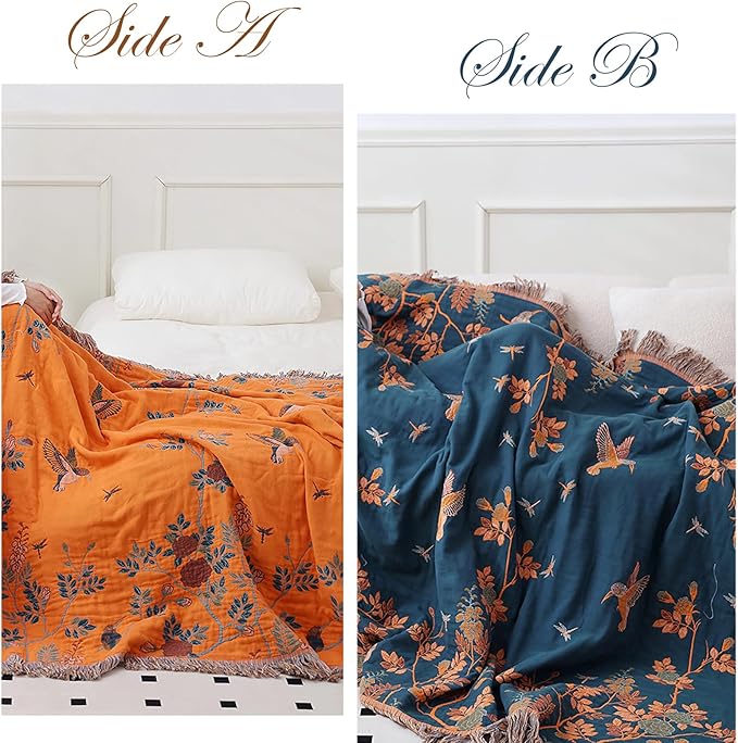 Snycler Boho Throw Blanket for Bed, 100% Organic Cotton Muslin Soft Throw-Floral Bird Farmhouse Rustic Spring Summer Fall Decor Blanket for Couch Sofa Quilt and Gift, 60" x 80" Orange-Ruum Studio Home