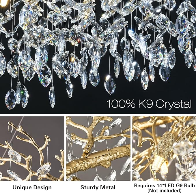 Modern Crystal Chandeliers for Dining Room Over Table, 40" Round Gold Tree Branche Chandelier, Large Crystal Chandelier for Living Room,High Ceiling,Foyer,Entryway,Kitchen Island,Staircase-Ruum Studio Home