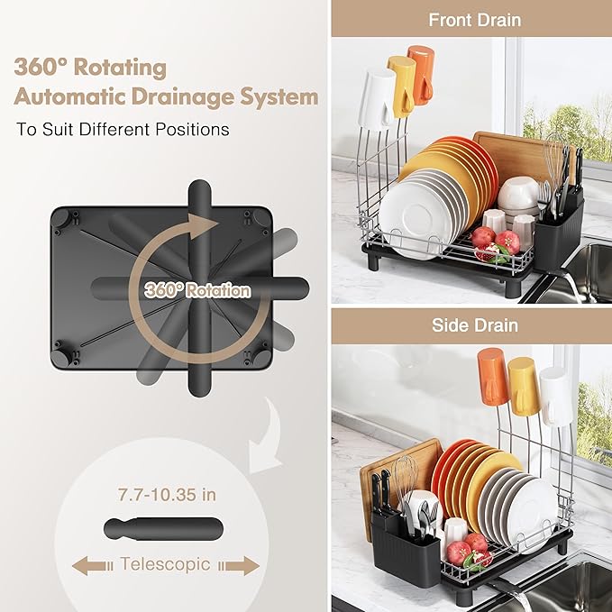 BOOSINY Stainless Steel Dish Drainers Drying Rack for Kitchen Counter with Automatic Drainage, 1 Tier Rust Proof Metal, Space Saving, Modern Aesthetic, Compact Plates Strainers,Gray-Ruum Studio Home