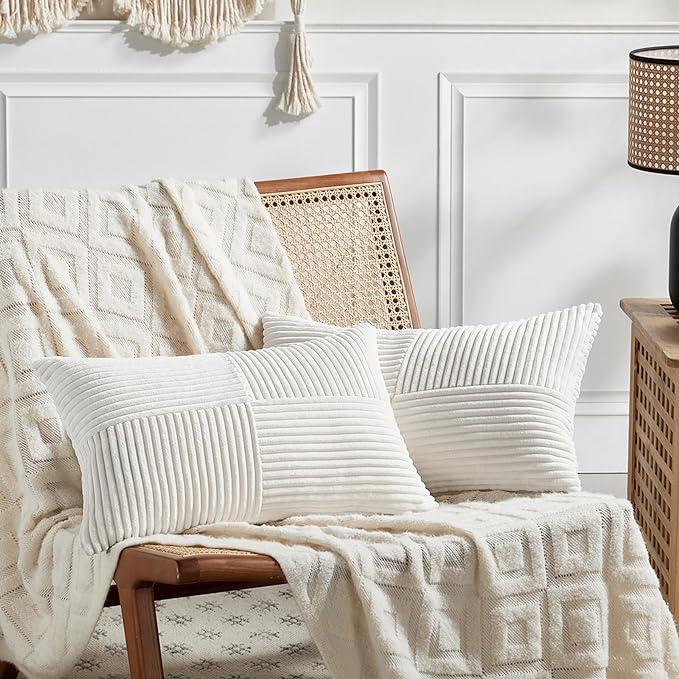 Fancy Homi 2 Packs Cream White Long Lumbar Decorative Throw Pillow Covers 16x24 Inch for Couch Bed Sofa, Rustic Farmhouse Boho Home Decor, Soft Striped Corduroy Rectangle Accent Cushion Case 40x60 cm-Ruum Studio Home