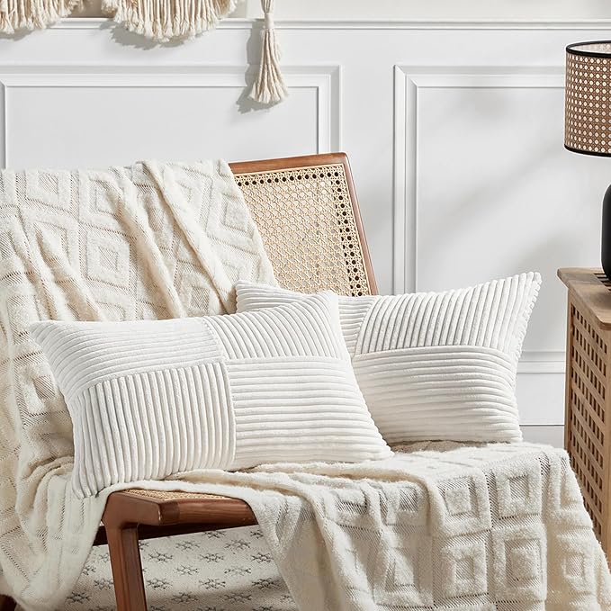 Fancy Homi 2 Packs Cream White Lumbar Decorative Throw Pillow Covers 12x20 Inch for Couch Bed Sofa, Rustic Farmhouse Boho Home Decor, Soft Striped Corduroy Rectangle Accent Cushion Case 30x50 cm-Ruum Studio Home