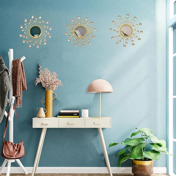 Mirror Wall Decor Wall Mirrors Decorative Sunburst Boho Mirror Gold Mirror Wall Art Metal Decor Mirror Hanging Living Room Bedroom Bathroom Set of 3-Ruum Studio Home