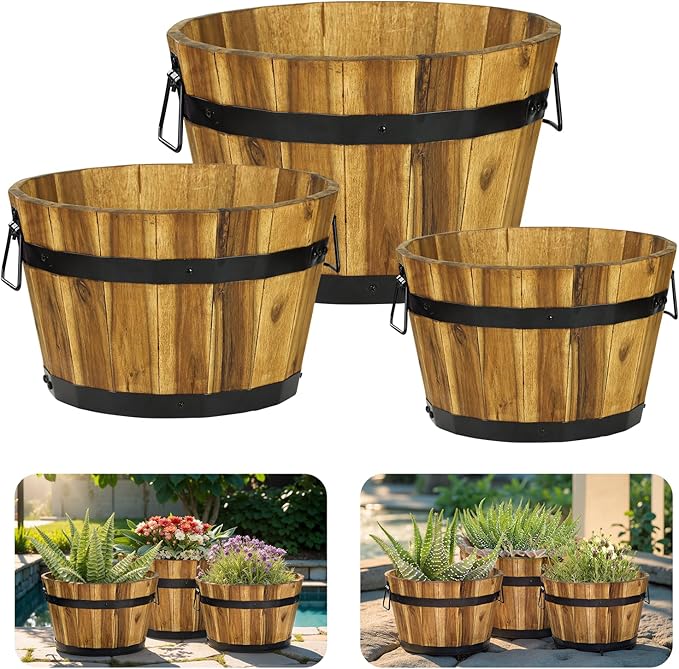 IDZO Set of 3 Wooden Flower Planters for Outdoor Plants, Acacia Wood Barrel Planters, Ergonomic Handles, Drainage Holes, Various Sizes, Golden Teak-Ruum Studio Home
